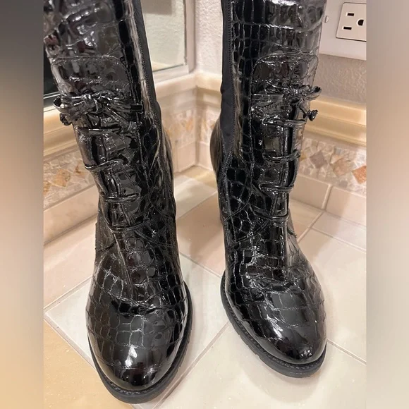 Isaac Mizrahi Black Croc-Embossed Knee-High Boots - Picture 3 of 8